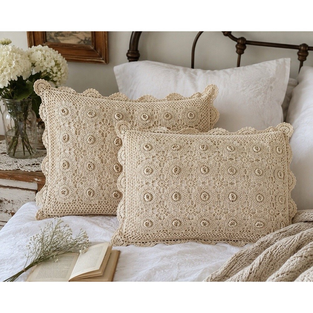 Crochet Lace Pillow Shams Set of 2 Floral Cotton 24x18 Romantic Boho Cottagecore